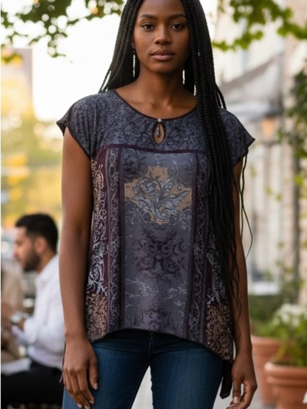 Skinny Minnie Printed Keyhole Short Sleeve Top - Black and Brown - Picture 9 of 9